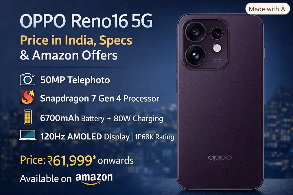 OPPO Reno16 5G Price in India: 50MP Camera, 6700mAh Battery और Amazon Offer 1 OPPO Reno16 5G price, OPPO Reno16 5G Amazon offer, OPPO Reno16 5G discount, OPPO Reno16 5G specifications, OPPO Reno16 5G camera, OPPO Reno16 5G 50MP camera, OPPO Reno16 5G battery, OPPO Reno16 5G 6700mAh battery, OPPO Reno16 5G Snapdragon 7 Gen 4, OPPO Reno16 5G review